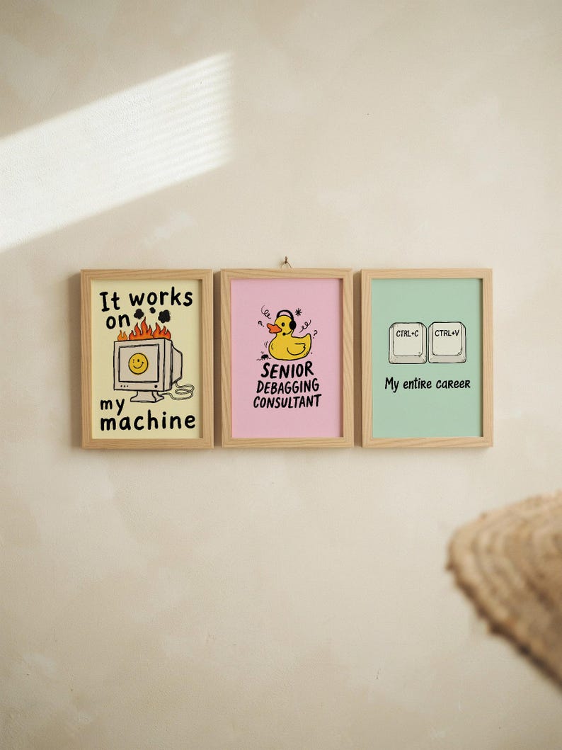 Funny programmer wall art featuring a yellow rubber duck wearing headphones with the text Senior Debugging Consultant. Computer science desk decor.