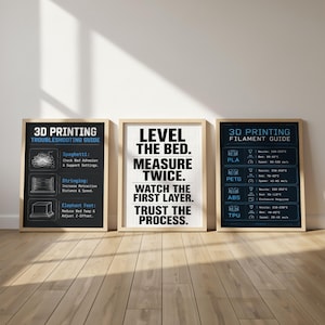 May include: Three framed posters with light wood frames. The left poster is a 3D printing troubleshooting guide with black background and blue text. The center poster has white background and black text reading Level the bed. Measure twice. Watch the first layer. Trust the process. The right poster is a 3D printing filament guide with black background and blue text.