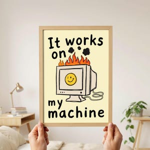 Funny programmer wall art featuring a yellow rubber duck wearing headphones with the text Senior Debugging Consultant. Computer science desk decor.