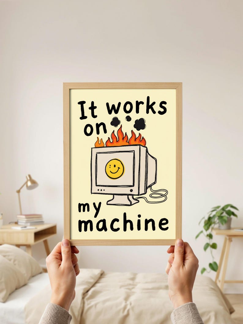 Funny programmer wall art featuring a yellow rubber duck wearing headphones with the text Senior Debugging Consultant. Computer science desk decor.
