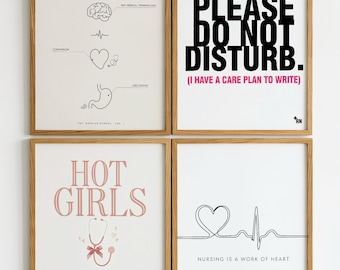 Sjuksköterskeskolans studenthem, set med 6 sjuksköterskeposters, galleriväggkonst för framtida sjuksköterska, söt läkarstudentpresent, kokett rosa universitetsdekor