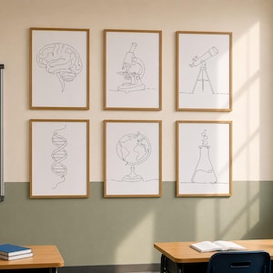 May include: Six framed wall art prints featuring black line art illustrations on white backgrounds. The designs depict a human brain, a microscope, a telescope, a DNA double helix, a globe, and a laboratory flask, all rendered in a continuous line style.