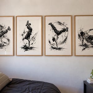 Breakdance Wall Art Set of 4, Black White Hip Hop Posters, Street Dance Prints, Bboy Bedroom Decor, Urban Dancer Art Printable Download
