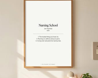 Sjuksköterskeutbildningens ordbok definitiontryck, rolig sjuksköterskestudentpresent, RN-examenspresent, sjuksköterskeväggkonst, framtida sjuksköterskadekor, utskrivbar