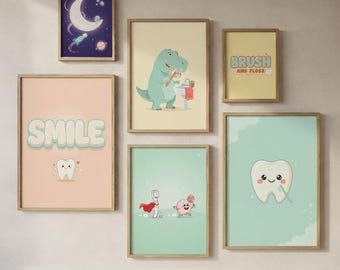 Väggkonstpaket med tandvård för barn, kawaii dinosaurier, tandtryck (digital nedladdning)