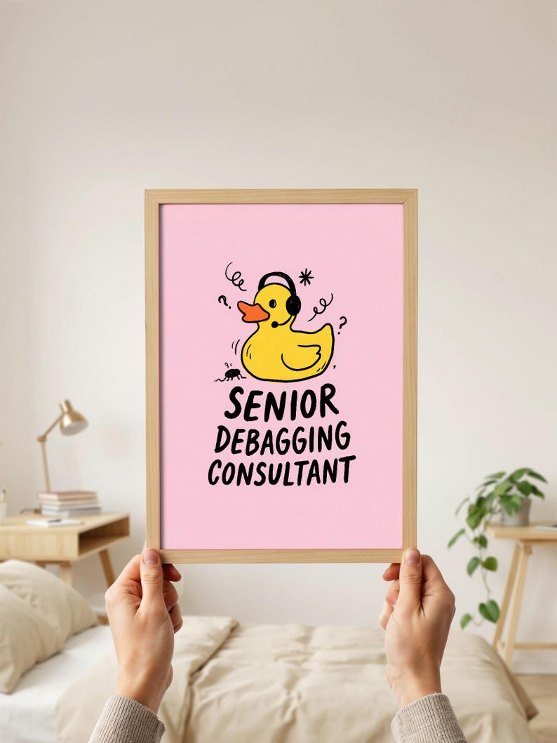 Funny programmer wall art featuring a yellow rubber duck wearing headphones with the text Senior Debugging Consultant. Computer science desk decor.