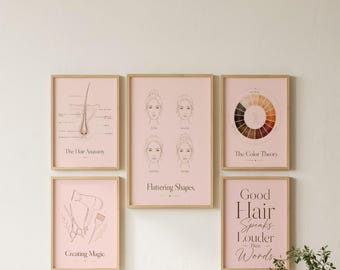 Frisörsalongdekor Set med 6, Väggkonst för skönhetssalong, Frisörpresent, Minimalistiska salongposters, Tryck med hårfärgsteori, Konst med håranatomi