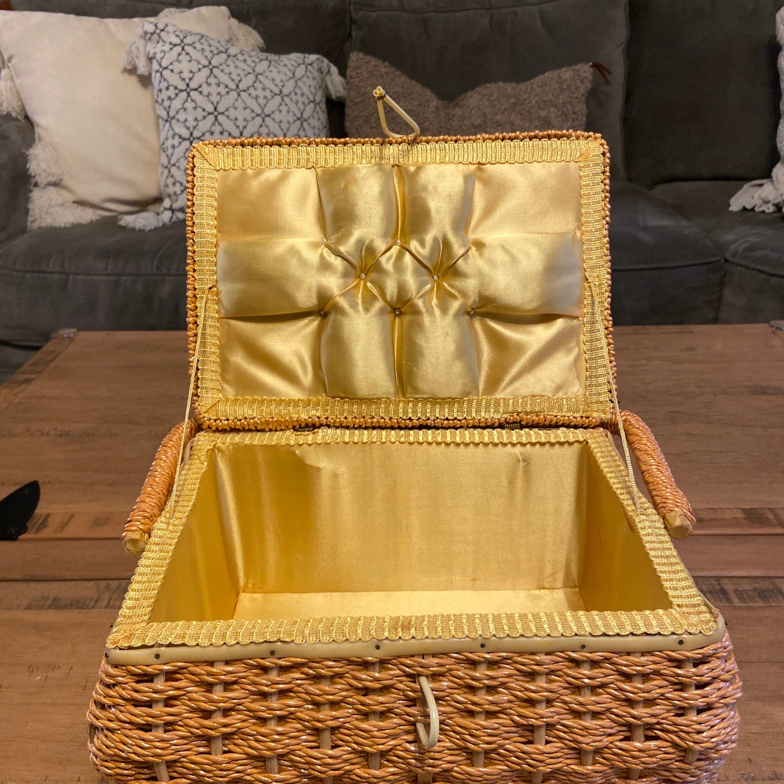 Vintage Woven Sewing Box Basket Fabric Topinterior Pin Cushion .swing Handle Etsy