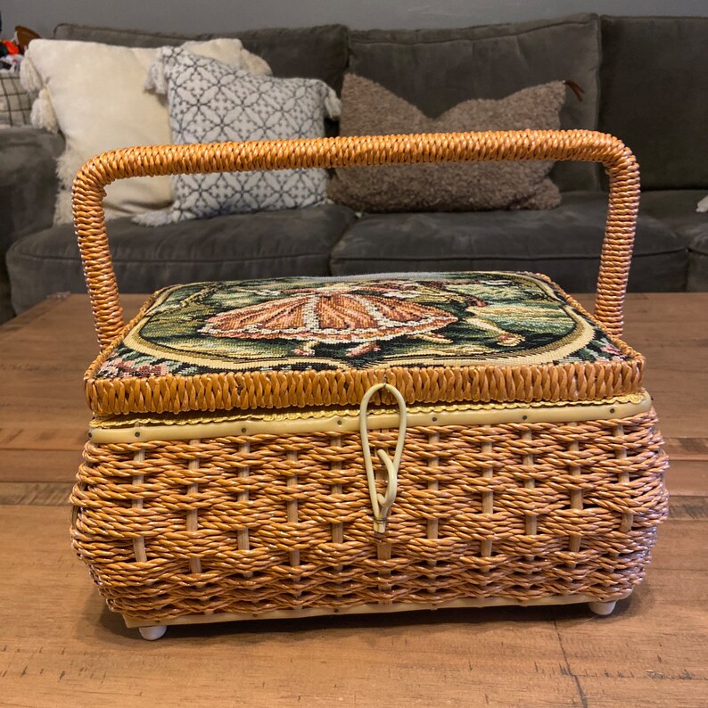 Vintage Woven Sewing Box Basket Fabric Topinterior Pin Cushion .swing Handle Etsy