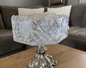 Art Nouveau Hand Cut Crystal Octagon Footed fruit compote Bowl Saw Tooth Edge With Brass