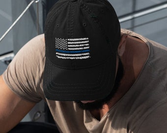 Distressed Thin Blue Line Flag Hat: Embroidered Cotton Twill