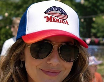 Merica Foam Trucker Hat: Biting Lips USA Patriotic Cap