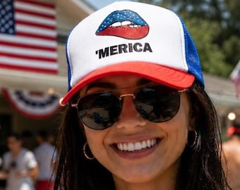 Merica Lips Foam Trucker Hat: 4th of July USA Patriotic Cap