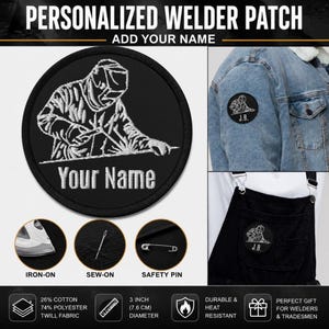 Pode incluir: Um emblema circular preto bordado com uma ilustração de linhas brancas de um soldador e o texto Your Name. O emblema é mostrado aplicado numa jaqueta de ganga e jardineiras pretas, com ícones indicando fixação por ferro, costura ou alfinete.