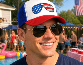 Gorra de camionero con gafas patrióticas: Gorra personalizada bordada del Día de la Independencia de EE. UU., 4 de julio.