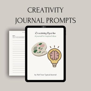 May include: A digital tablet screen displaying the cover of a journal titled "Creativity Sparks: A journal for inspired ideas" by Not Your Typical Journal. The cover features a paint palette and a lightbulb with a brain inside.