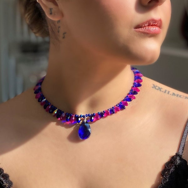 Swarovski Element Crsytal Bicolored Pendant | Dainty Gemstone Necklace | Saxe Blue & Fuchsia Crystal Jewelry |925 Sterling Silver Clips