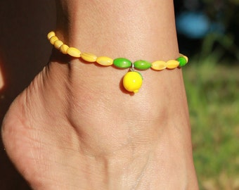 Lemon Murano Glass Detailed Silver Anklet | Handmade Mother of Pearl Anklet | Summer Jewelry