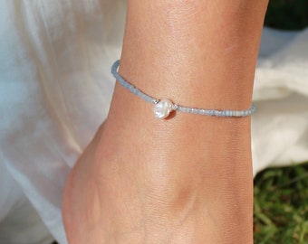 Baroque Pearl Detailed Aquamarine Anklet | Amazing Silver Anklet | Gemstone Summer Anklet