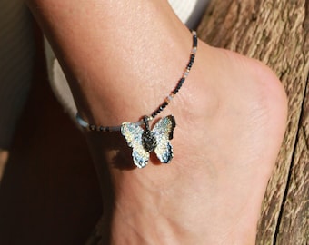 Butterfly Detailed Silver Anklet | Aquamarine Onyx Anklet | Handmade Gemstone Anklet