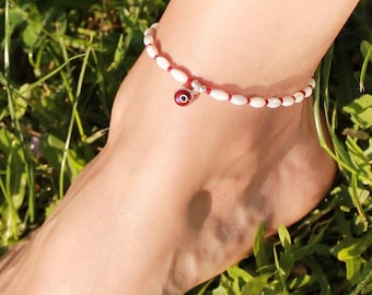 Red Murano Glass Detailed Silver Anklet | Evil Eye Anklet | Handmade Mother of Pearl Jasper Anklet