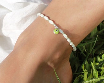 Soft Green Murano Glass Detailed Silver Anklet | Evil Eye Anklet | Handmade Mother of Pearl Aventurine Anklet