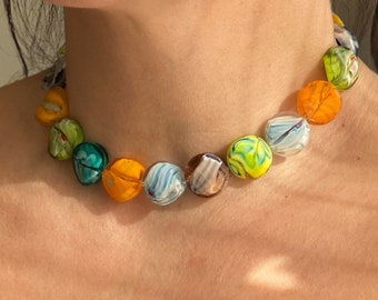 Rainbow Murano Glass Choker | Choker Necklace | Turkish Marbling Art | Handmade Unique Crystal Choker | 925 Sterling Silver