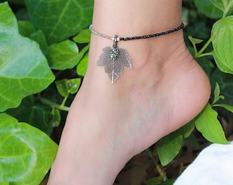 Leaf Detailed Silver Anklet | Amazing Onyx Silver Anklet | Handmade Onyx Anklet