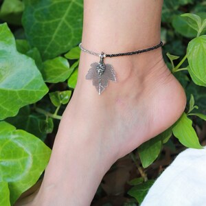 Leaf Detailed Silver Anklet | Amazing Onyx Silver Anklet | Handmade Onyx Anklet