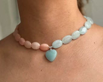 Aquamarine Heart Detailed Rose Quartz Necklace | Handmade Beaded Necklace | 925 Sterling Silver Clips