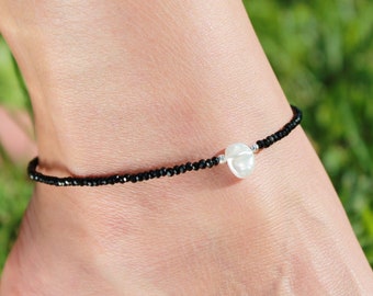 Baroque Pearl Detailed Onyx Anklet | Amazing Silver Anklet | Gemstone Summer Anklet