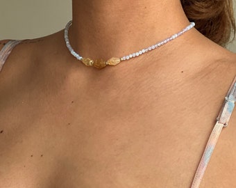 Citrine Detailed Moonstone Necklace | Glass Bead Crystal Necklace | Unique Gemstone Necklace | Silver Dorica Balls | 925 Sterling Silver