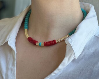 Coral and Turquoise Boho Necklace | Turquoise Beads Necklace | Hematite Necklace | Gold Plating on Brass