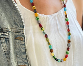 Multicolored Long Murano Glass Necklace | Lattimo & Reticello | Handmade Glass Bead Necklace | 925 Sterling Silver