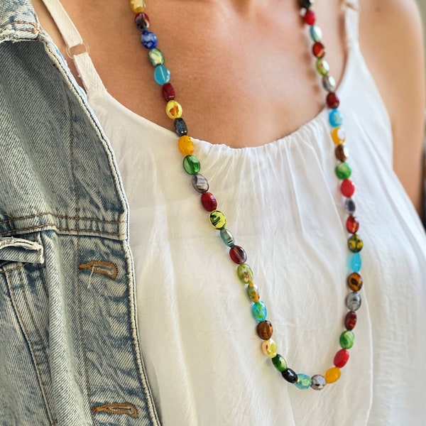 Collier long en verre de Murano multicolore | Lattimo & Reticello | Collier de perles de verre fait à la main | Argent 925