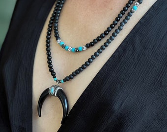 Zircon and Turquoise Tip Black Onyx Necklace | Unique Layering Necklace | Handmade Everyday Necklace | 925 Sterling Silver