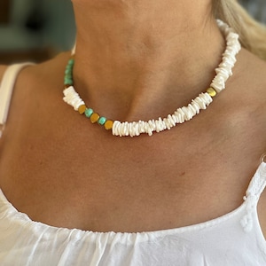 Turquoise and Mother of Pearl Necklace | Hematite Necklace | Handmade Unique Necklace | Gold Plating on Brass