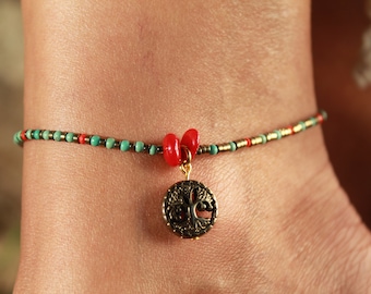 Hematite Tree of Life Figure Detailed Coral Anklet | Handmade Turquoise Anklet | Minimal Summer Jewelry