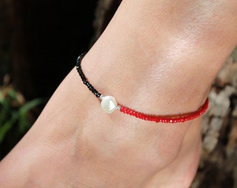 Baroque Pearl Detailed Onyx Anklet | Amazing Red Jasper Anklet | Gemstone Summer Anklet