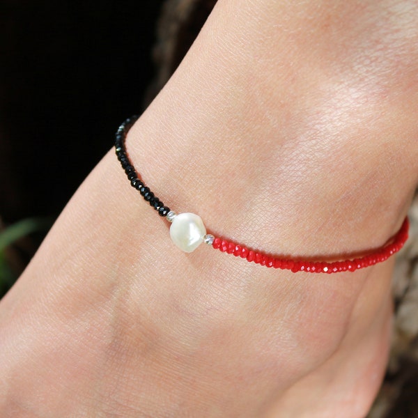 Baroque Pearl Detailed Onyx Anklet | Amazing Red Jasper Anklet | Gemstone Summer Anklet