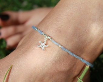 Starfish Detailed Aquamarine Anklet | Handmade Zirconium Anklet | Minimal Silver Anklet