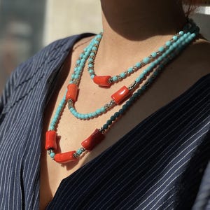 Turquoise and Coral Layering Necklace | Amazing Long Necklace | Unique 3 Layered Necklace | Dainty Blue and Red Necklace