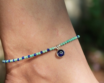 Navy Blue Murano Glass Detailed Turquoise Anklet | Handmade Evil Eye Anklet | Amazing Silver Anklet