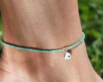 White Murano Glass Detailed Turquoise Anklet | Handmade Evil Eye Anklet | Amazing Silver Anklet