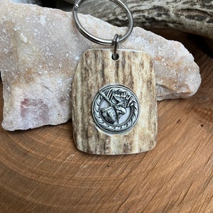 Rustic Elk Shed Antler Keychain with Antiqued Moose Medallion