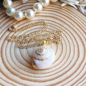 May include: A gold chain necklace with a white seashell pendant accented with gold glitter. The seashell has a spiral pattern and is a delicate and feminine piece of jewelry.