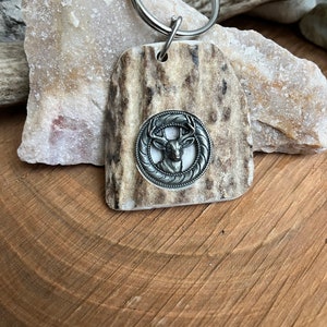 Rustic Elk Shed Antler Keychain with Antiqued Deer Medallion