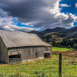 Rural Landscape Photography of a Barn and Mountains | Country Photography | Barn Wall Art | Farmhouse Decor | Printable Photography | Rural