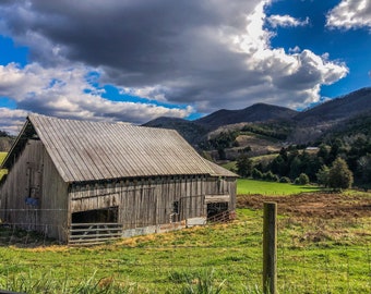 Rural Landscape Photography of a Barn and Mountains | Country Photography | Barn Wall Art | Farmhouse Decor | Printable Photography | Rural