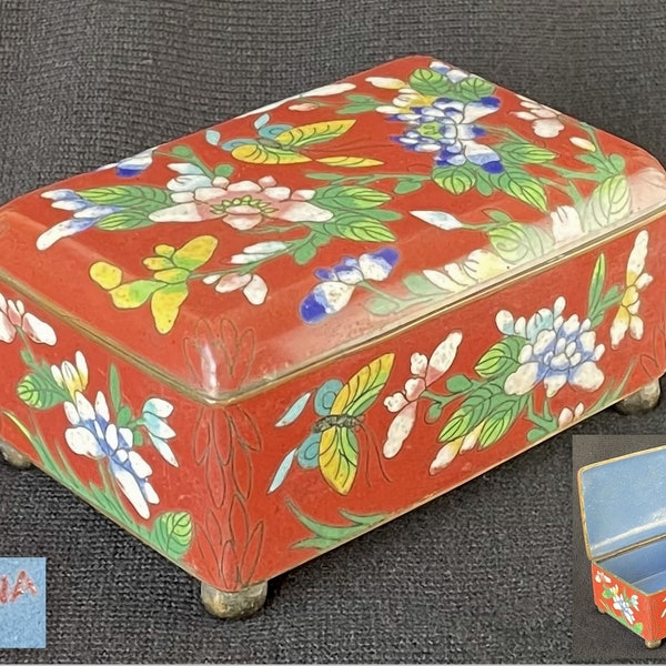 Beautiful antique Chinese Republic cloisonné enamel wedding box with peony flowers, butterfiles